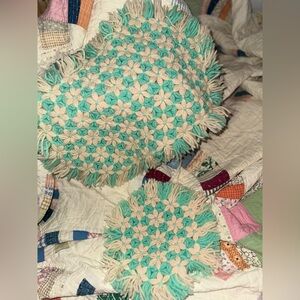 Handmade Floral Crocheted Doily Set- Mint and Cream